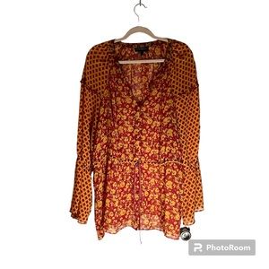 Lane Bryant Red & Golden Yellow Print V- Neck Button Down Blouse SZ 26-28